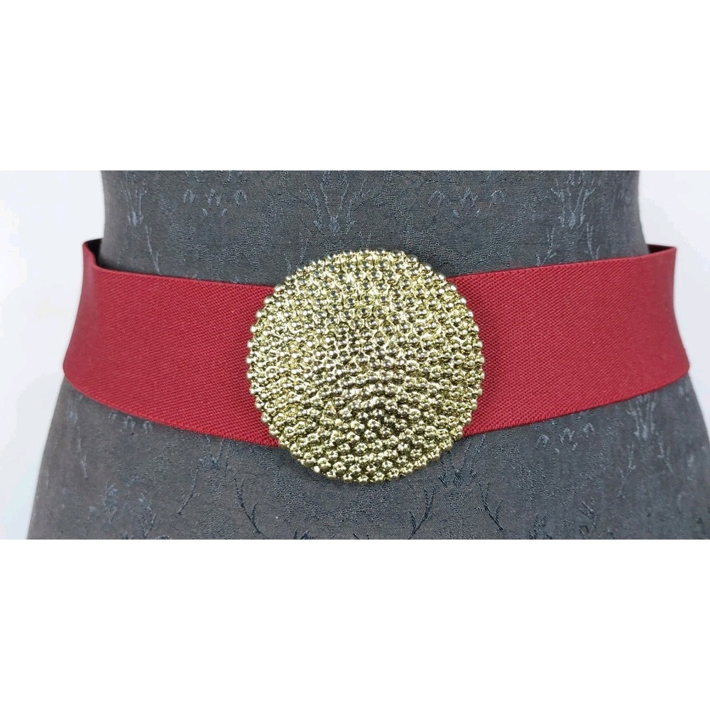 Vintage 80s Cinch Stretch Belt Round Textured Gold Buckle Maroon 2"x27" (Flat)